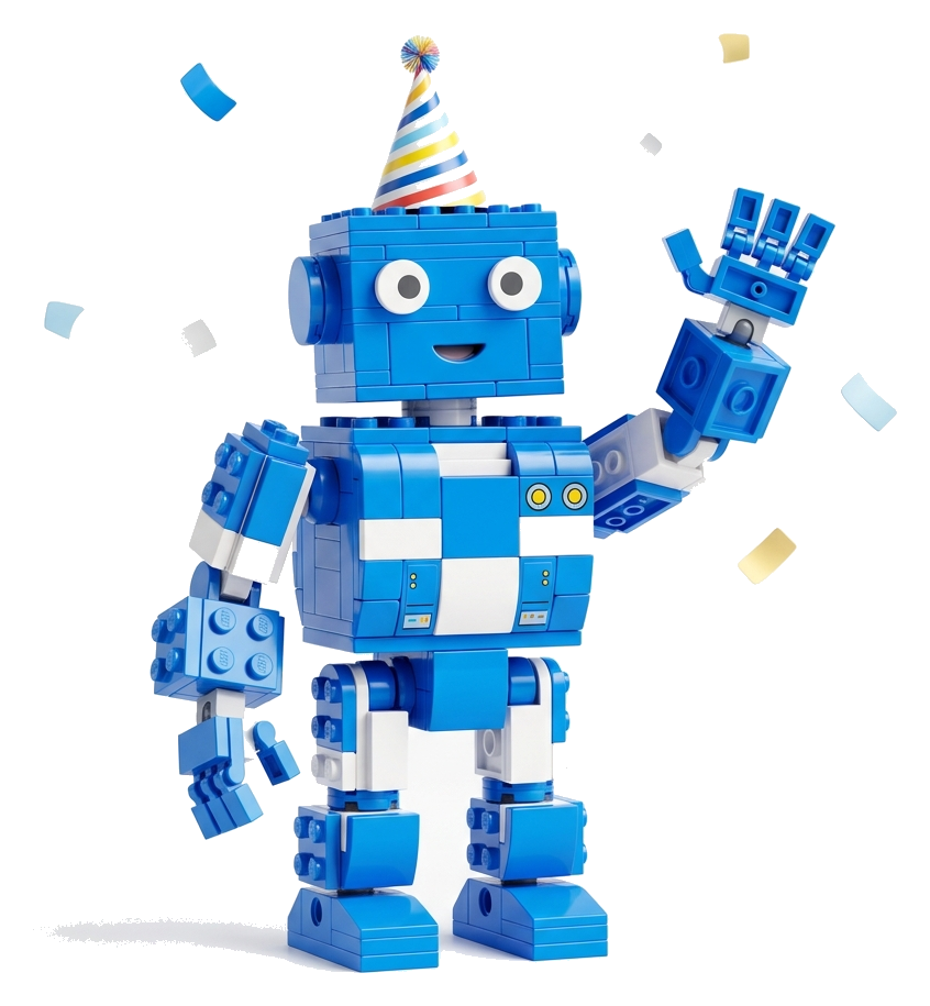 Robot de LEGO con gorro de fiesta saludando
